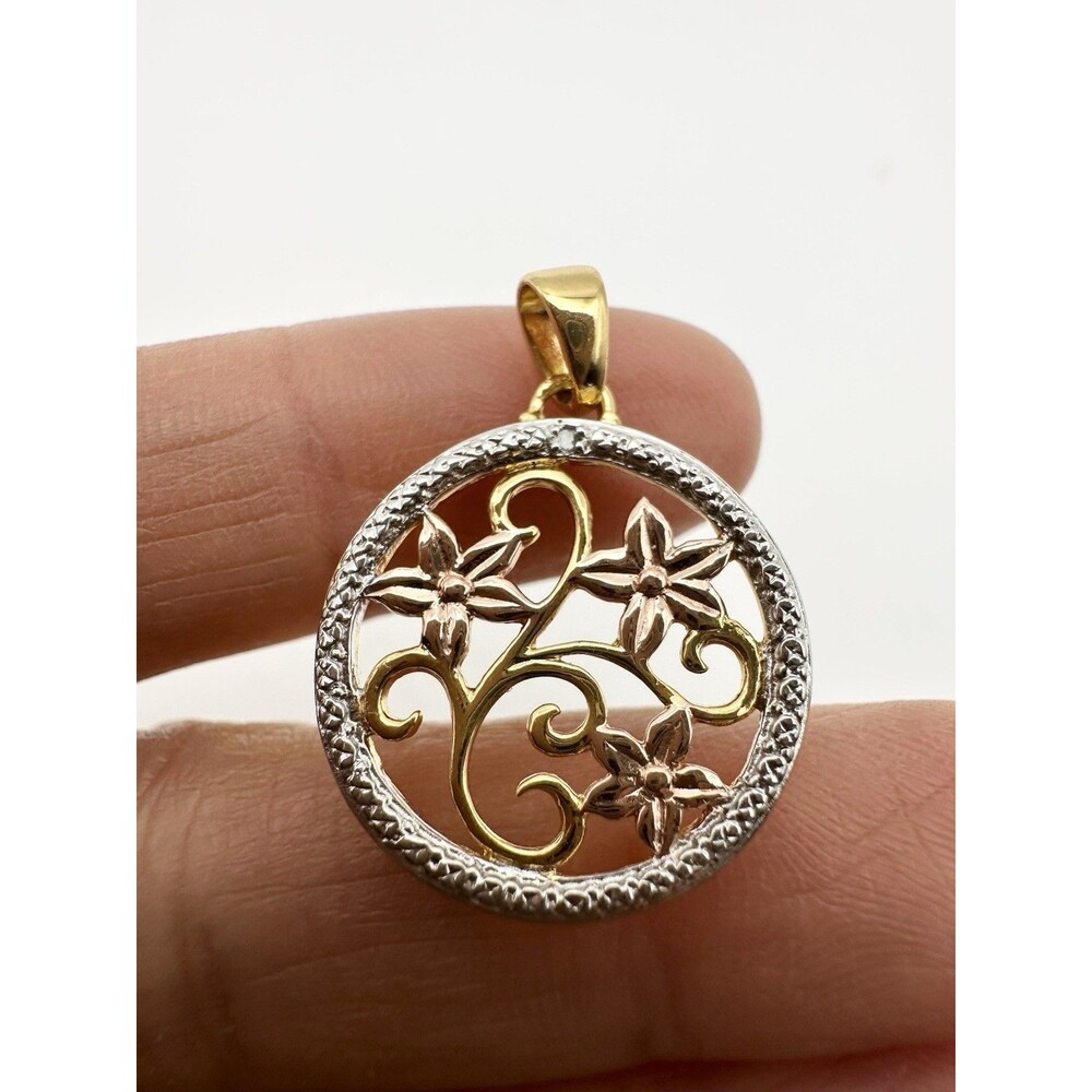 14K GOLD PLATED Sterling Silver TRI-TONE ROSE DIAMOND FLOWER PENDANT